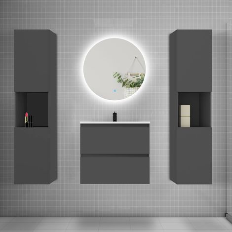 Ensemble meuble anthracite et vasque L.60cm 2 tiroirs + colonne2 haut + lavabo + miroir 60x60cm-suspendu