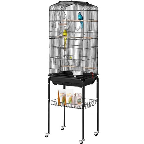 Grande Cage à Oiseaux 62 cm, Volière avec Socle Roulant, Acier avec Plateau Amovible, 4 Perchoirs pour Perruches Calopsittes Inséparables (1/5)