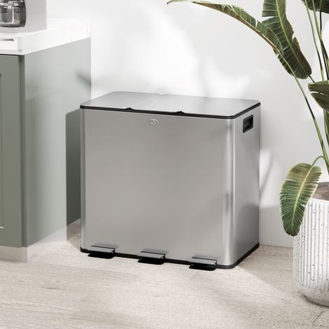 Pattumiera da cucina in acciaio inox con 3 scomparti (3 x 15 l), pedali, coperchi con chiusura ammortizzata e secchio rimovibile, colore argento.