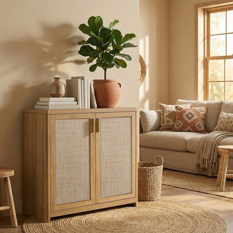 Vasagle – Buffet de rangement bohème – Portes effet cannage rotin – 80 x 38 x 80 cm – Meuble robuste pour salle à manger et cuisine – Marron