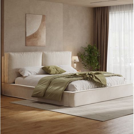 Lit double moderne en chenille beige 180x200 cm avec tête de lit capitonnée 105 cm et sommier à lattes (1/5)