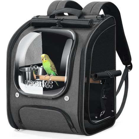Pecute Bird and Parrot Transport Backpack with Perch, Grey Transparent & breathable design, safety locks, sun visor. Stable structure, foldable, perch & 2 bowls (42 x 32 x 25 cm) (1/5)
