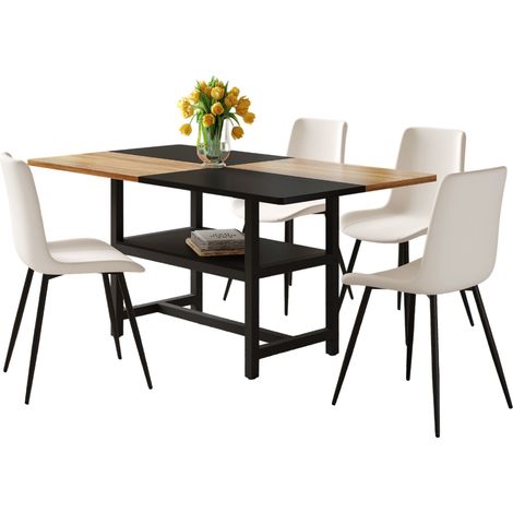Table à manger rectangulaire 160 cm avec rangement intégré et 4 chaises en tissu brun, plateau MDF et structure métal – CHICFURN (1/5)