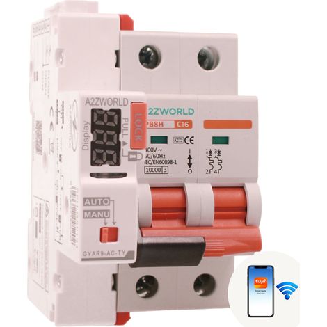 A2ZWORLD MCB Interruttore Magnetotermico Connesso WiFi Con Riarmo Automatico, Curva C 2P 3M 10000A AC 400V PB8H, Disponibili 10A 16A 20A 25A 32A 40A 50A 63A (C16A) (1/3)
