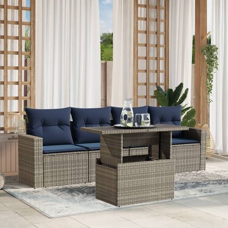 5-teiliges Gartensofa-Set mit Kissen, grau, Polyrattan