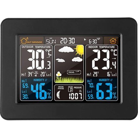 Station Météo Sans Fil avec Capteurs Intérieur Extérieur, Thermomètre Intérieur et Extérieur Avec Temps, Station Météo Connectée avec Heure, Date, Température, Humidité, Affichage Couleur Numérique (1/5)