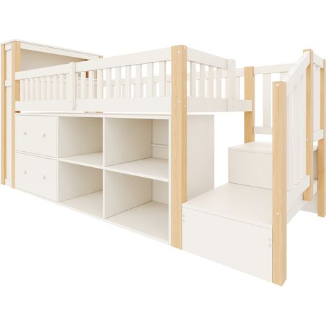 Cama alta 90 x 200 cm con cajones, espacio de almacenaje, escalera e iluminación LED, natural (1/5)