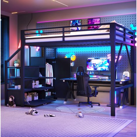 lit adulte couchage rangement 140x200 metal LED noir OKMYHOME (1/5)