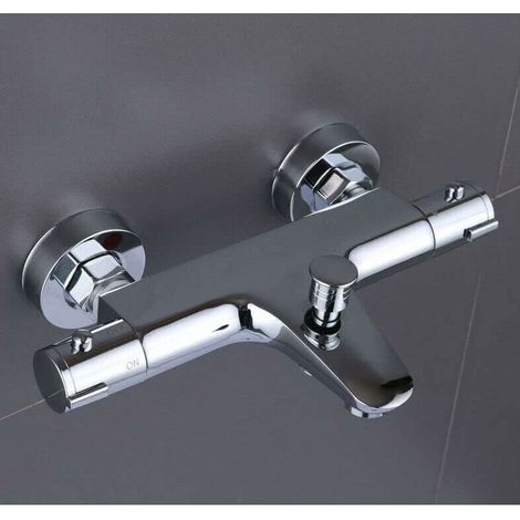 Robinet de baignoire thermostatique 20-50 ℃, acier inoxydable 2 sorties d'eau robinet de douche mitigeur robinet de salle de bain chromé, robinet de douche anti-brûlure avec bouton de sécurité à 38 °C (1/5)