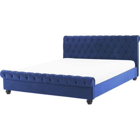 Letto Imbottito in Velluto Blu con Rete a Doghe Gambe Nere 160 x 200 cm Avallon (1/5)