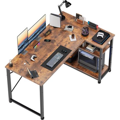 Bureau d'angle – Bureau d'ordinateur en forme de L – Étagère réglable – Montage facile – Dimensions 120 x 80 x 74 cm – Marron rustique (1/5)
