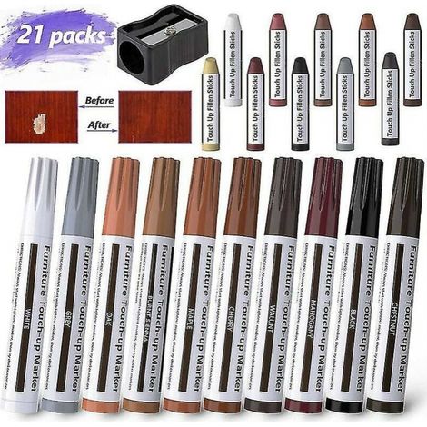 21 pièces stylos de retouche pour meubles marqueur en feutre polyvalent Kit de réparation de meubles pour taches, rayures, planchers en bois, tables avec taille-crayon (1/4)