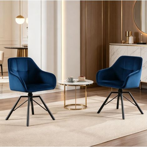 Set di 2 sedie da pranzo girevoli in velluto blu con braccioli e base in metallo nero (1/5)