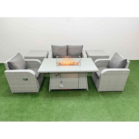 Fimous Light Grey PE Wicker Rattan Garden Furniture Set Sofa Set Reclining Chair Firepit Dining Table 4 Seater With 2 Side Table (1/4)
