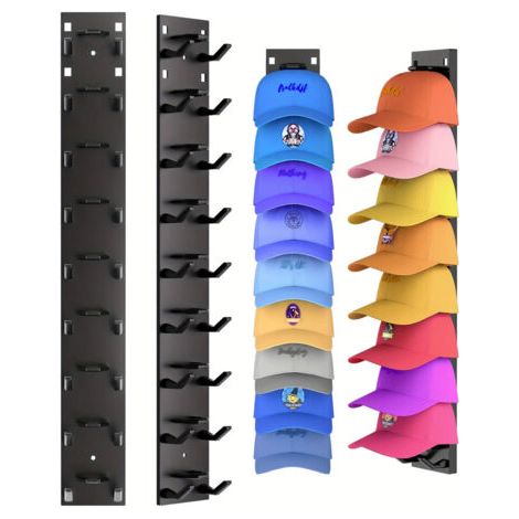 2 Pièces Porte Casquette Mural, avec Adhésif Puissant/Perceuse Murale, Deux Méthodes de Fixation, Matière Plastique, Peut Supporter 18 Casquettes (Noir) (1/4)