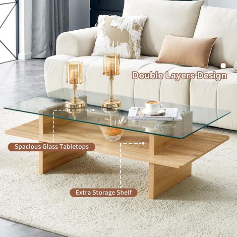 Table basse 2 niveaux 115 x 55 x 40 cm – Plateau verre trempé + étagère MDF bois naturel, structure métal – Pour salon ou bureau (1/5)