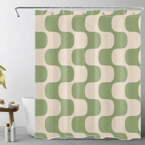 Moderne Rideaux de Douche 150x200cm Vert rayé sur Beige Vintage Rideaux de Bain avec Crochets,Art Abstrait Extra Longue Imperméable Polyester Anti Moule Salle de Bain Décor (1/5)
