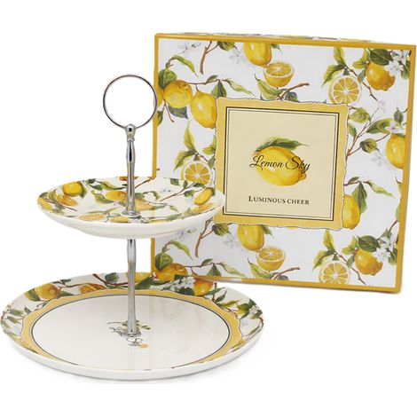 Alzata a due piani in porcellana per torta al limone e snack di frutta. (1/5)