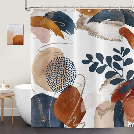 Abstrakter Boho-Duschvorhang 180x180 cm, Graffiti-Blätter blau/braun/beige, waschbarer Stoff mit 12 Haken