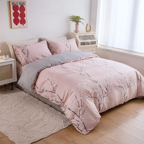 Bettwäsche Set, Mikrofaser Bettbezug und Kissenbezug, Ästhetik Blume Zweig Design, Modern Bettdecke Cover mit Reißverschluss – Rosa 200x200cm 3-teiliges Set
