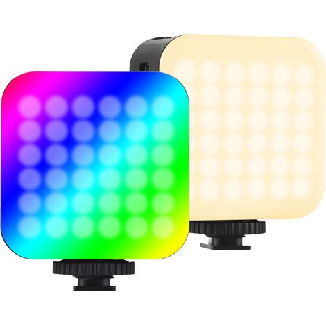 Proyector LED de doble cara, intensidad ajustable de 2500K a 9000K, 24 efectos de iluminación, batería integrada.