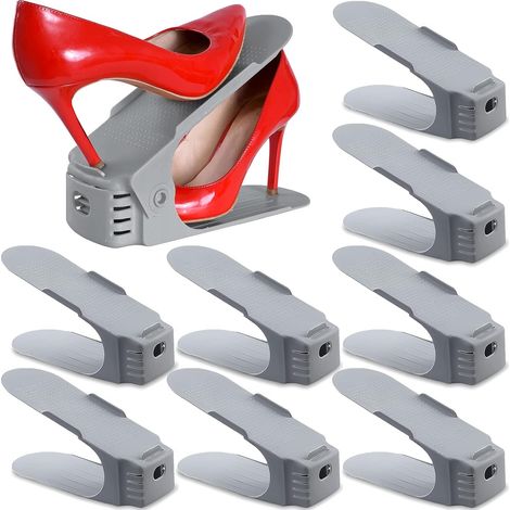SaiXuan Lot de 10 étagères à chaussures réglables - Peu encombrant - Antidérapantes - En plastique gris (1/5)