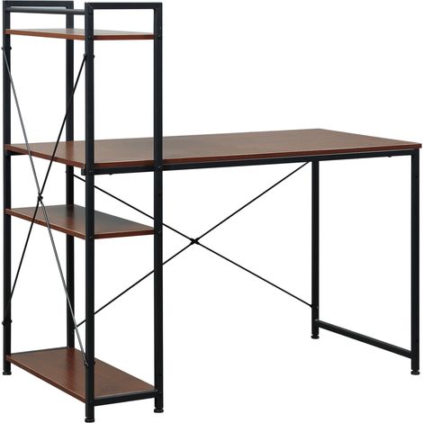 Angle bureau industriel avec rangement, bibliothèque 3 niveaux en panneaux particules aspect noyer (1/5)