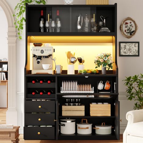 Credenza da cucina alta 120 cm nera in MDF e metallo con LED RGB, ante scorrevoli e 3 cassetti (1/5)