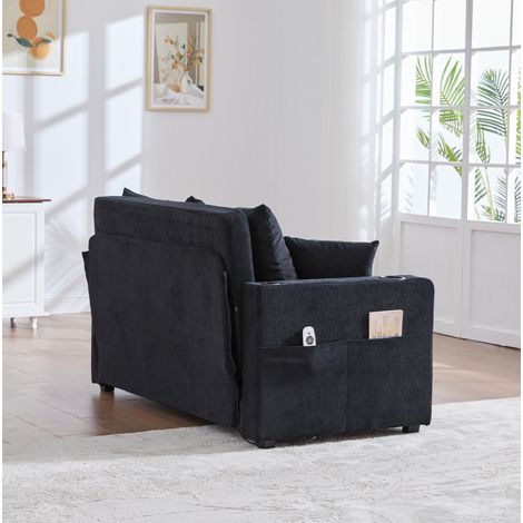 Schlafsofa 139x83x58 cm Schwarz Chenille mit Bettfunktion, USB-Anschluss, Getränkehaltern und Seitentaschen (1/5)