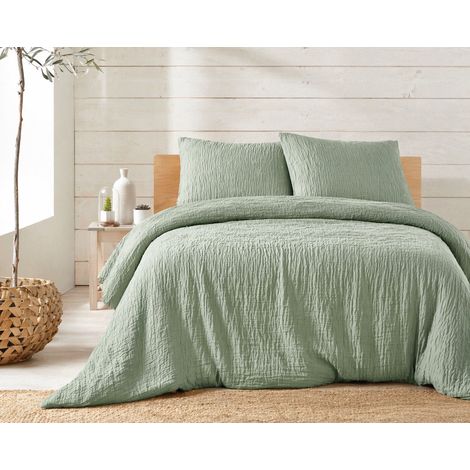 Parure de lit complète 260 x 240 cm gaze de coton – 2 taies 63x63 cm + drap housse 160x200 cm Sauge