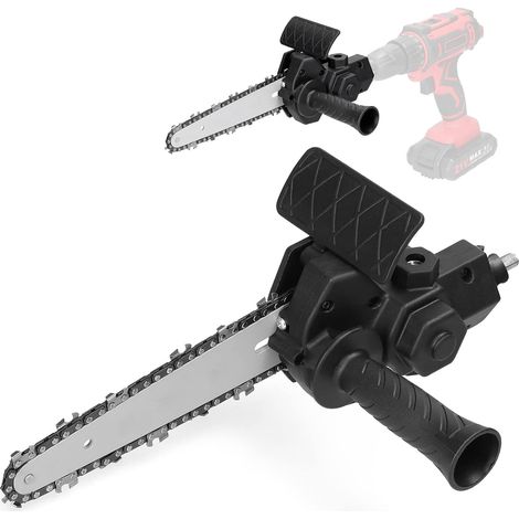 Umgebaute 15-cm-Bohrmaschine zu einem Aufsatz für elektrische Kettensägen. Aufsatz für elektrische Kettensägen. Praktisches Umbauwerkzeug-Set. Schneidwerkzeug.