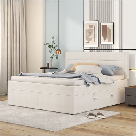 Letto contenitore imbottito in lino beige 140x200 cm con rete a doghe sollevabile su entrambi i lati (1/5)
