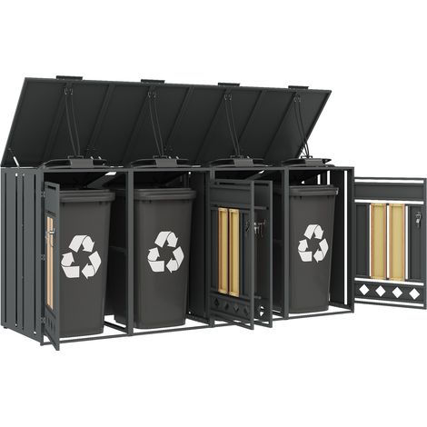 Mülltonnenbox 4er 132 x 80 x 118,5 cm mit Klappdeckel abschließbar, Mülltonnenschrank aus verzinktem Stahl in Holzoptik Grau für außen