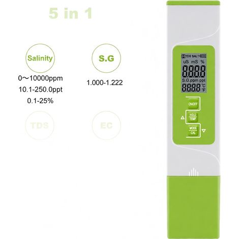 Medidor digital de calidad del agua 5 en 1 (TDS/EC/SALT/SG/Temperatura) para piscinas, agua potable y acuarios (batería no incluida). (1/5)