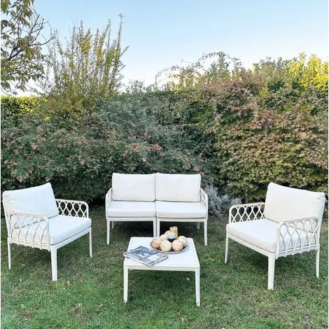 Gartenmöbelset Cadice ecru, 2 Polstermöbel 67 x 72,5 x 85 cm, Sofa 132 x 72,5 x 85 cm, Tisch 65 x 65 x 36 cm, modulare und leicht zu montieren