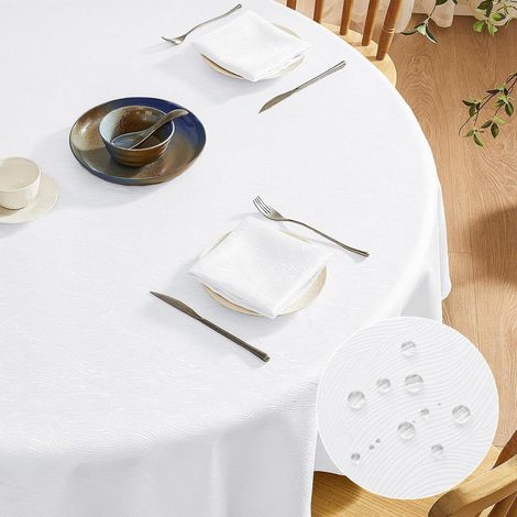 Nappe ronde 180 cm Blanc Jacquard motif vagues imperméable lavable