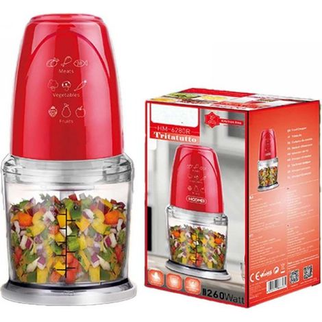 Tritatutto da Cucina Elettrico con Modalita Rapido 260W con Lama in Acciaio Inox Vassoio Capicita Max 500mL Rosso