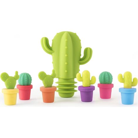 Cactus Wine Glass Charm - Silicone Drink Marker Set with Bottle Stopper - for Parties and Home Use - 6 Charms + 1 Stopper