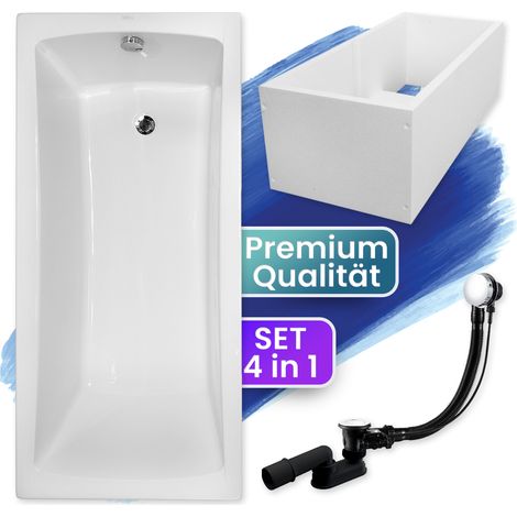 Badewanne Rechteck 140x70 mit Wannenträger, Ablaufgarnitur & Füßen GRATIS - Komplettset 4in1 Original Acryl Wanne Siphon - BADLAND OPTIMA (1/5)