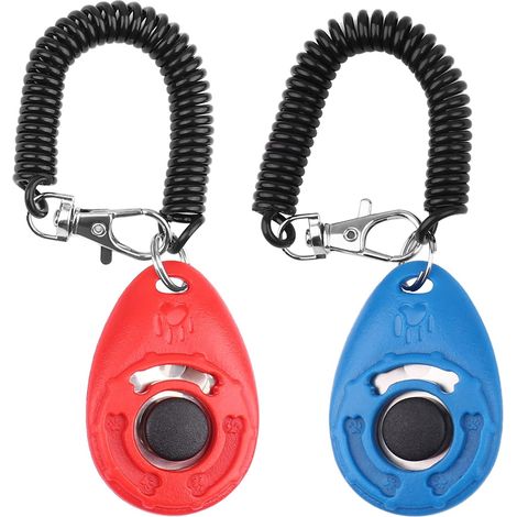 Clicker para perros, clicker con botón grande, juego de entrenamiento de dos piezas para perros, también apto para el entrenamiento de gatos y caballos (azul y blanco). (1/4)