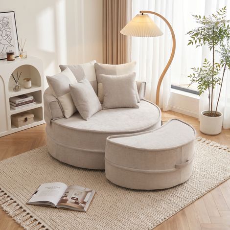 Canapé rond avec 5 coussins et pouf, canapé confortable pour salon et chambre, gris (1/5)