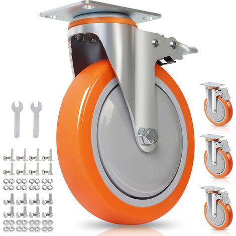 Roulettes Pivotantes 150mm avec Frein Total, Charge Lourde jusqu’à 1000kg, Lot de 4 Roues Industrielles en Polyuréthane, Stables et Silencieuses pour Établi et Chariot Couleur Orange (1/5)