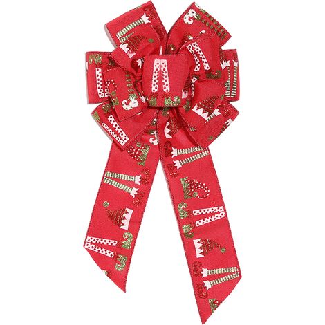 (Roter Hut, 6,3 cm breit, Weihnachtshose, Schleife) Handgefertigte rote Weihnachtsschleife aus Leinenimitat mit metallisch eingefasstem Bandanhänger und bunten Einsätzen, 40 cm, Leinen + Polyester (1/2)