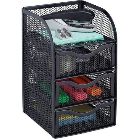 Organizador de escritorio metálico de 3 cajones para útiles, bolígrafos y utensilios, 21 x 12,5 x 13 cm, color negro