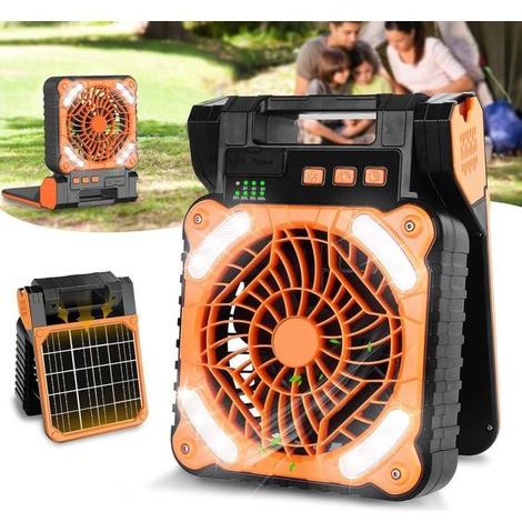 Solar camping fan with solar panel, rechargeable, suitable for outdoor use, orange. (1/5)