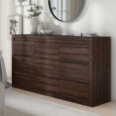 Commode en bois moderne à 9 tiroirs avec kit anti-basculement, tiroirs à glissière fluide, meuble de rangement large pour chambre, salon et espace multimédia, Rouge brunâtre (1/5)