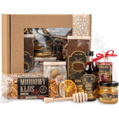 Coffret cadeau comprenant café, sirop de miel, tablette de chocolat, amandes et papier kraft (1/5)