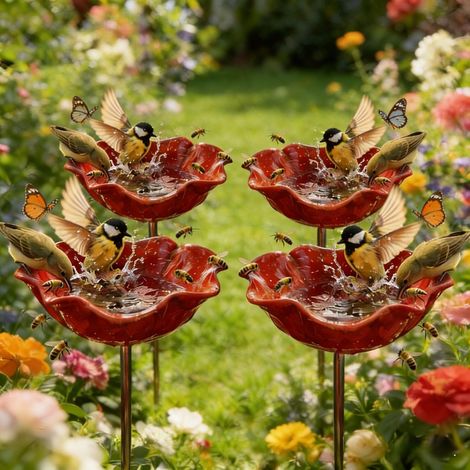 Lot de 4 mangeoires à oiseaux en métal faites à la main, motif papillon, abeille, bol de bain coloré pour oiseaux, jardin, pelouse et terrasse
