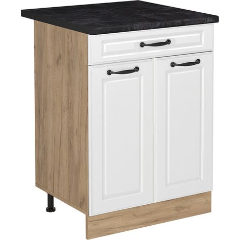 Mobiletto base cucina R-Line, Bianco country/Rovere dorato, 60 cm con cassetto piano di lavoro Antracite, Vicco (1/5)