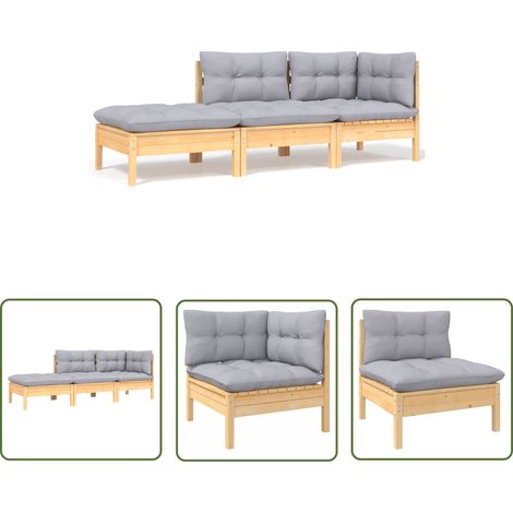 vidaXL 3 Piece Garden Lounge Set with Grey Cushions Solid Wood Pine